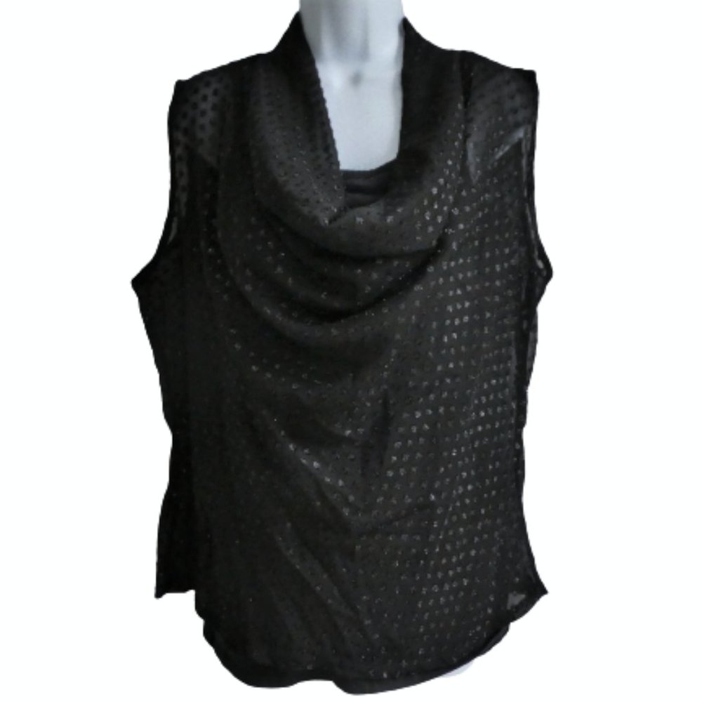 Vintage Lilly of California Sleeveless Blouse Black Sheer Cowl Neck Sparkley L - Picture 3 of 9